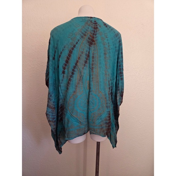 World Market Turquoise Brown Tie Dye Kaftan Top L XL V Neck Rayon - Picture 3 of 7